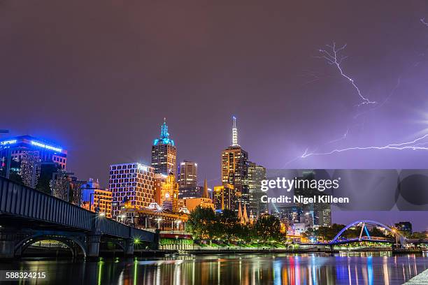 melbourne lightning storm - melbourne city at night ストックフォトと画像