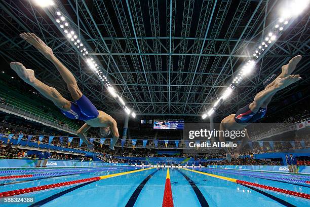 Michael Phelps and Ryan Lochte of the United States compete in the second Semifinal of the Men's 200m Individual Medley on Day 5 of the Rio 2016...