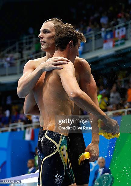 Cameron McEvoy congratulates gold medal winner Kyle Chalmers of Australia in the Men's 100m Freestyle Final on Day 5 of the Rio 2016 Olympic Games at...