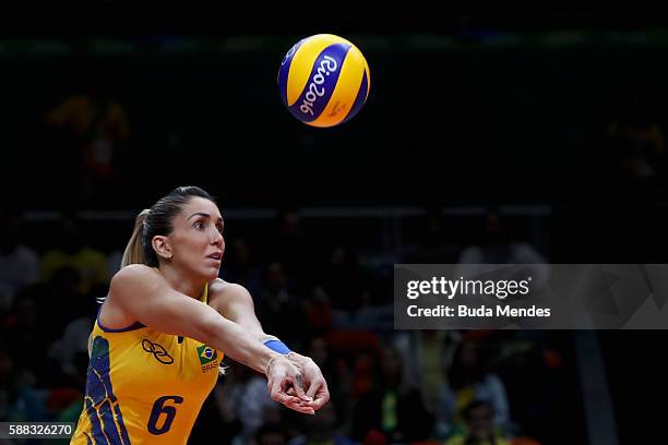 Thaisa Menezes of Brazil in action during the women's qualifying volleyball match between theBrazil and Japan on Day 5 of the Rio 2016 Olympic Games...