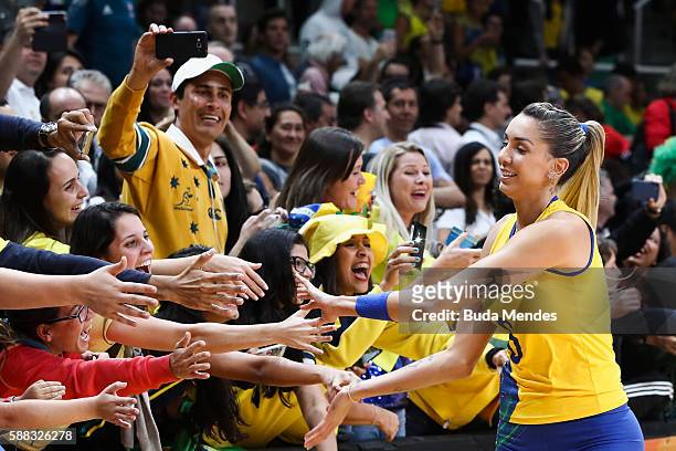 Thaisa Menezes of Brazil greets the fans during the women's qualifying volleyball match between theBrazil and Japan on Day 5 of the Rio 2016 Olympic...
