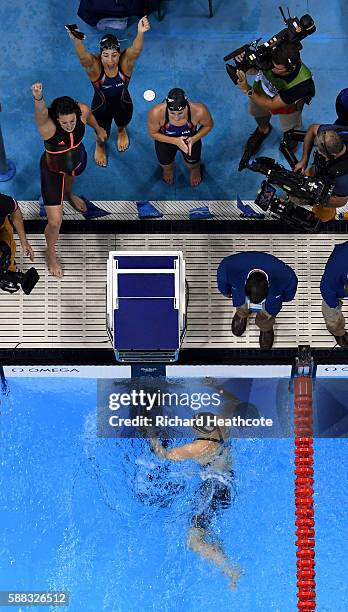 Team United States celebrate winning the Women's 4 x 200m Freestyle Relay Final on Day 5 of the Rio 2016 Olympic Games at the Olympic Aquatics...