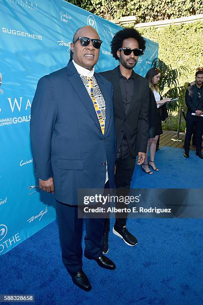 Singer Stevie Wonder and Kwame Morris attend the special event for UN Secretary-General Ban Ki-moon hosted by Brett Ratner and David Raymond at...