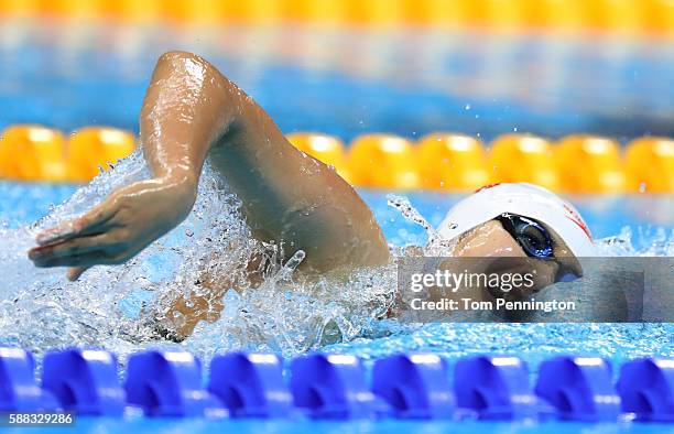 Yanhan Ai of China competes in the Women's 4 x 200m Freestyle Relay Final on Day 5 of the Rio 2016 Olympic Games at the Olympic Aquatics Stadium on...