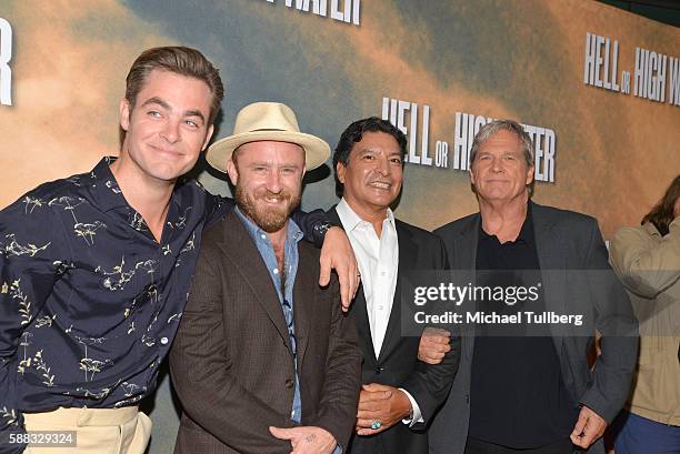 Actors Chris Pine, Ben Foster, Gil Birmingham and Jeff Bridges arrive at the Los Angeles red carpet screening of 'Hell Or High Water' at ArcLight...