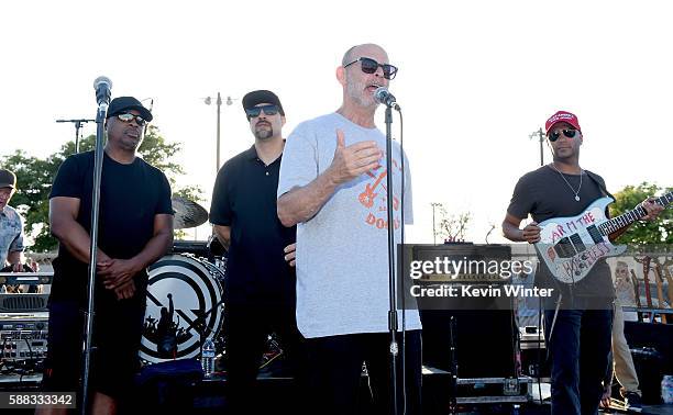 Musicians Chuck D, B-Real, Wayne Kramer, co-founder of Jail Guitars Doors USA and Tom Morello of Prophets of Rage appear onstage outside of the...