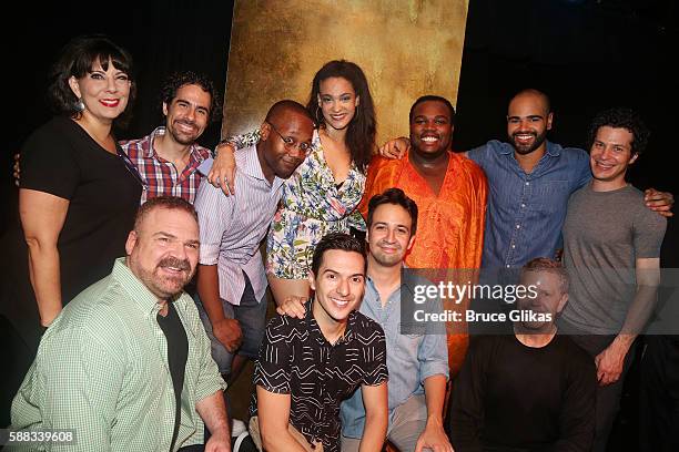 Lin Manuel Miranda, Thomas Kail and Alex Lacamoire pose with the cast and creative team of the parody of "Hamilton" called "Spamilton" at The Triad...