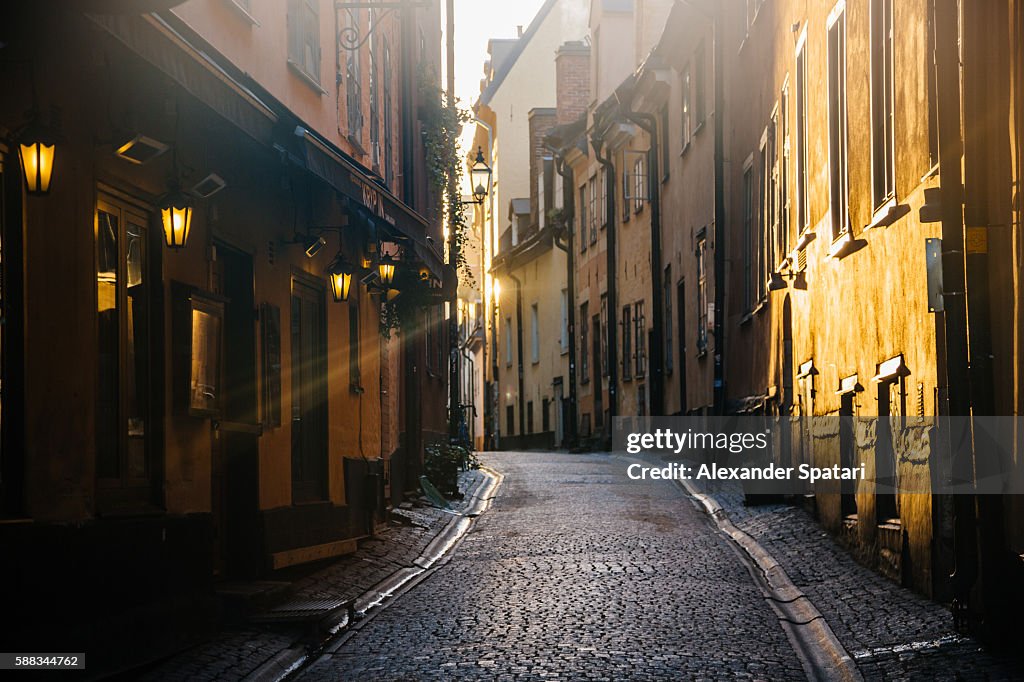 Soft morning light on the streets of Gamla Stan (Old Town) in Stockholm, Sweden