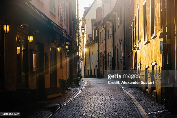 soft morning light on the streets of gamla stan (old town) in stockholm, sweden - stockholm bildbanksfoton och bilder