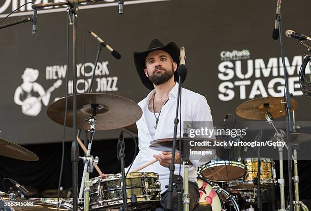 American Jazz musician Joe Saylor plays drums with Bria Skonberg & the NY Hot Jazz Festival All-Stars at Central Park SummerStage, New York, New...