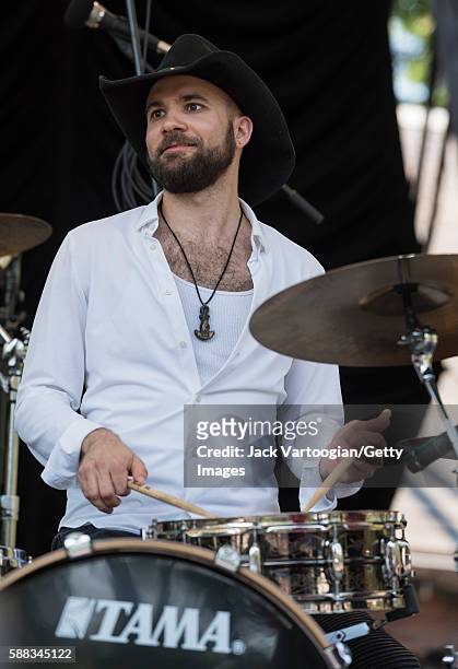 American Jazz musician Joe Saylor plays drums with Bria Skonberg & the NY Hot Jazz Festival All-Stars at Central Park SummerStage, New York, New...