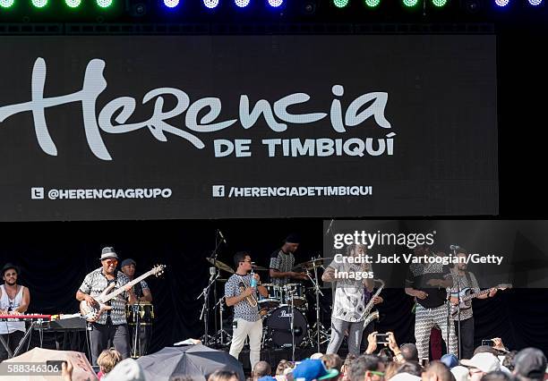 Afro-Colombian band Herencia de Timbiqui perform at Central Park SummerStage, New York, New York, July 17, 2016. Among those pictured are, bassist...