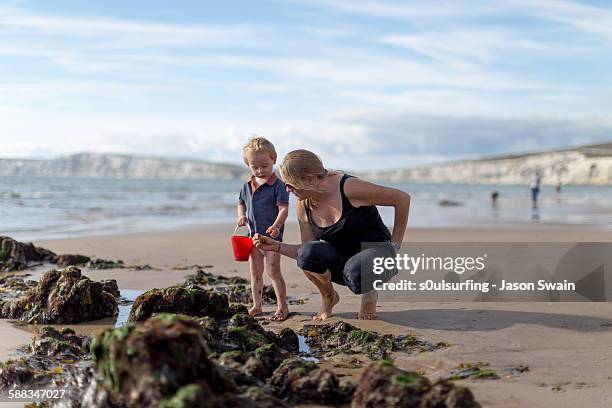 autumn beach life, compton bay, isle of wight - isle of wight family stock pictures, royalty-free photos & images
