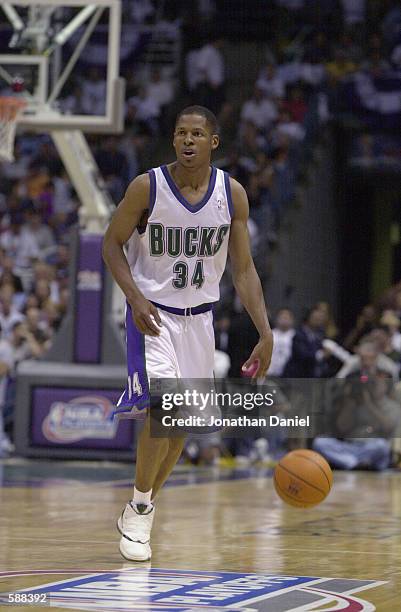 Ray Allen of the Milwaukee Bucks in action against the Charlotte Hornets in game two of the eastern conference semi-finals at the Bradley Center in...