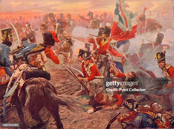 Battle of Quatre Bras, 1815 . British infantry fighting off an attack by French cavalry at the battle fought two days before Waterloo. From Cassell's...