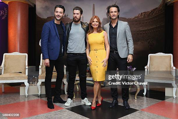 Jack Huston, Toby Kebbell, Roma Downey and Rodrigo Santoro attend "Ben-Hur" photocall and press conference at Four Seasons hotel on August 9, 2016 in...