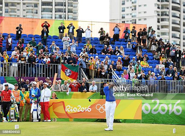 Adilson da Silva of Brazil plays his shot from the first tee during the first round of men's golf on Day 6 of the Rio 2016 Olympics at the Olympic...