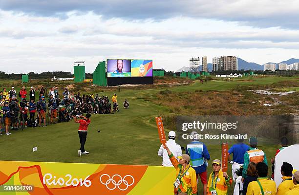 Graham Delaet of Canada plays his shot from the first tee during the first round of men's golf on Day 6 of the Rio 2016 Olympics at the Olympic Golf...