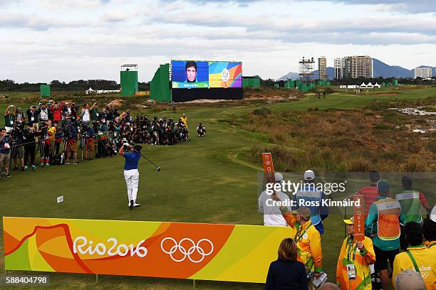 Adilson da Silva of Brazil plays his shot from the first tee during the first round of men's golf on Day 6 of the Rio 2016 Olympics at the Olympic...