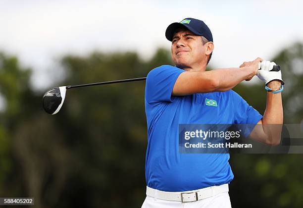 Adilson da Silva of Brazil plays his shot from the third tee during the first round of men's golf on Day 6 of the Rio 2016 Olympics at the Olympic...