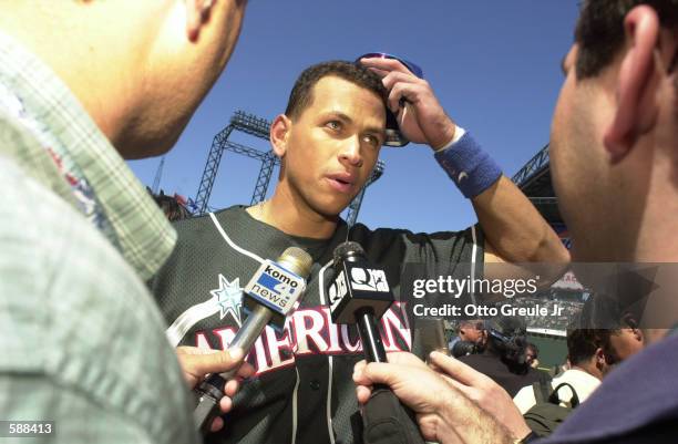 Alex Rodriguez of the Texas Rangers is interviewed before the All-Star Home Run Derby at Safeco Field in Seattle, Washington. <DIGITAL IMAGE.>...