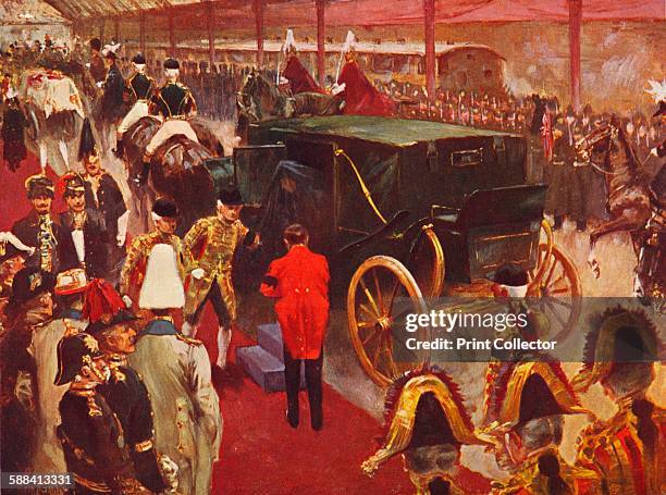 Queen Alexandra arriving at Paddington Station for the Funeral of Queen Victoria, 1901 . From Cassell's History of England, Vol. IX,