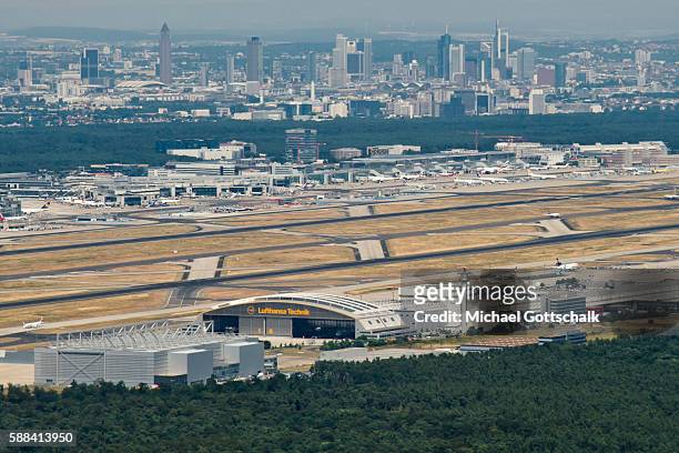 Frankfurt, Germany Overview of Frankfurt Airport with its runways and the city of Frankfurt in the background on July 20, 2016 in Frankfurt, Germany.
