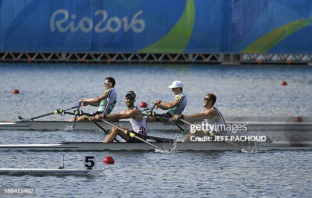 Norway's Are Strandli and Norway's Kristoffer Brun compete with South Africa's James Thompson and South Africa's John Smith during the LWT Men's...