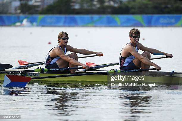 Josh Konieczny of the United States and Andrew Campbell Jr of the United States react following their Lightweight Men's Double Sculls Semi Final on...