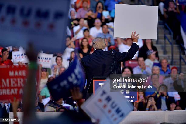 Republican presidential candidate Donald J.Trump addresses the audience during a campaign event at BB&T Center on August 10, 2016 in Sunrise, Florida.