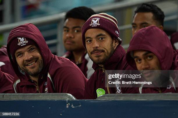 Nate Myles of Manly looks on from the side line during the round 23 NRL match between the Canterbury Bulldogs and the Manly Sea Eagles at ANZ Stadium...