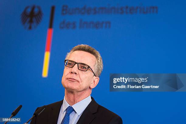 German Interior Minister Thomas de Maiziere gives a press statement about new measures against the terror threat in Germany on August 11, 2016 in...