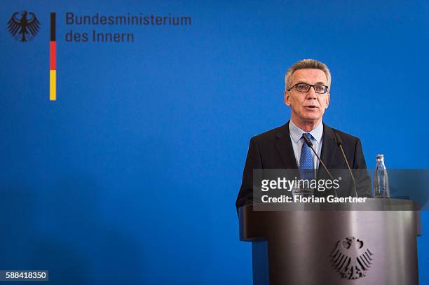 German Interior Minister Thomas de Maiziere gives a press statement about new measures against the terror threat in Germany on August 11, 2016 in...