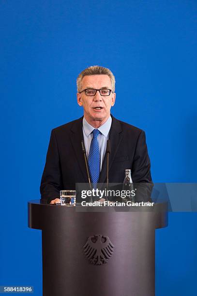 German Interior Minister Thomas de Maiziere gives a press statement about new measures against the terror threat in Germany on August 11, 2016 in...