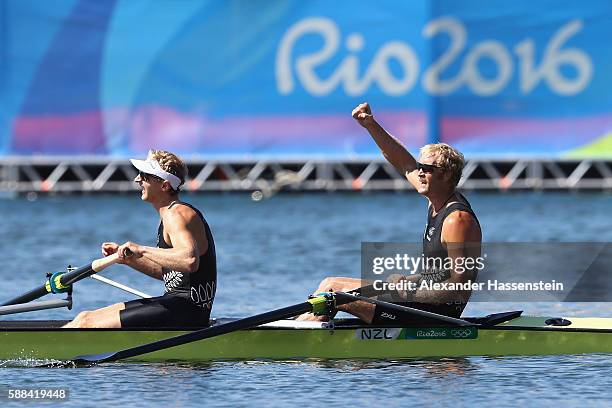 Eric Murray and Hamish Bond of New Zealand react after winning the gold medal in the Men's Pair Final A on Day 6 of the Rio 2016 Olympic Games at the...