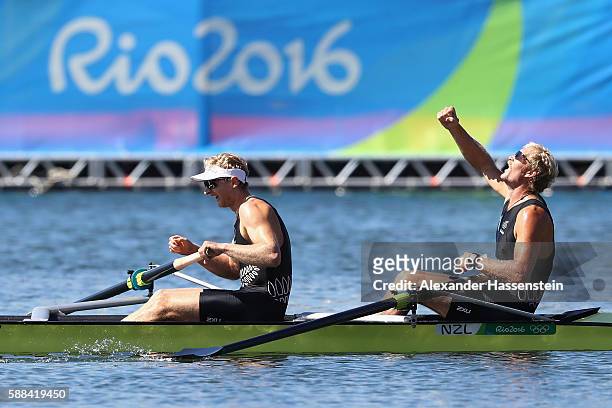 Eric Murray and Hamish Bond of New Zealand react after winning the gold medal in the Men's Pair Final A on Day 6 of the Rio 2016 Olympic Games at the...