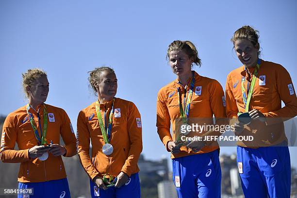 Netherlands' Chantal Achterberg, Netherlands' Nicole Beukers, Netherlands' Inge Janssen and Netherlands' Carline Bouw celebrate with their medals on...