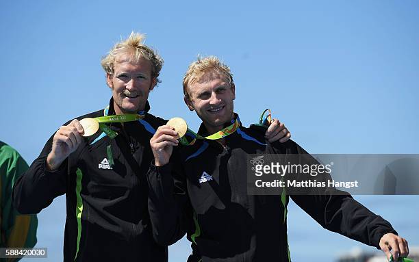 Eric Murray and Hamish Bond of New Zealand celebrate winning the gold medal in the Men's Pair Final A on Day 6 of the Rio 2016 Olympic Games at the...