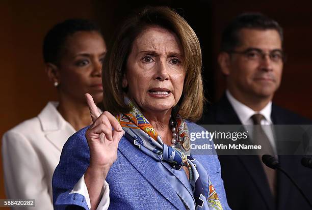 House Democratic Leader Nancy Pelosi speaks during a press conference at the U.S. Capitol August 11, 2016 in Washington, DC. Pelosi spoke on a range...