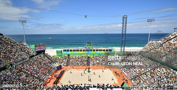 View of the stadium during the men's beach volleyball qualifying match between Canada and Cuba at the Beach Volley Arena in Rio de Janeiro on August...