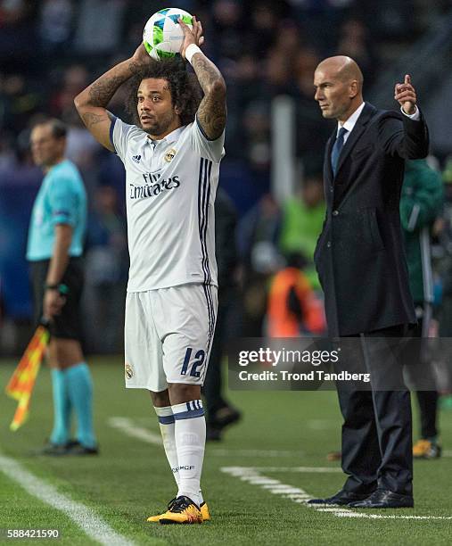 Marcelo, Zinedine Zidane of Real Madrid during theUEFA Super Cup match between Real Madrid and Sevilla at the Lerkendal Stadion on August 9, 2016 in...