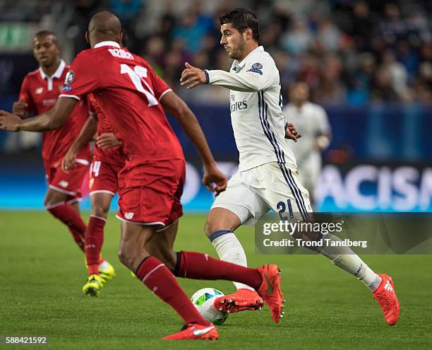 Alvaro Morata of Real Madrid, Steven N«Zonzi of Sevilla during theUEFA Super Cup match between Real Madrid and Sevilla at the Lerkendal Stadion on...