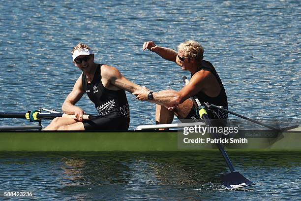 Eric Murray and Hamish Bond of New Zealand celebrate winning the gold medal in the Men's Pair Final A on Day 6 of the Rio 2016 Olympic Games at the...