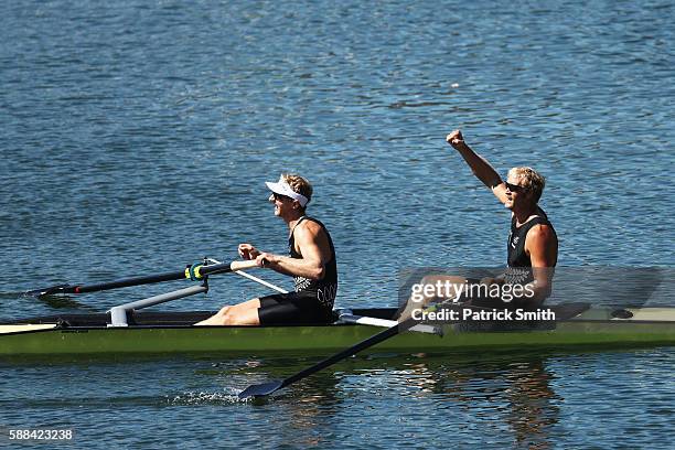 Eric Murray and Hamish Bond of New Zealand celebrate winning the gold medal in the Men's Pair Final A on Day 6 of the Rio 2016 Olympic Games at the...