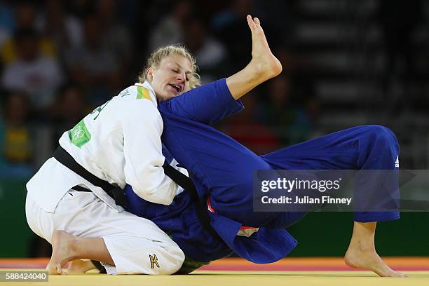 Kayla Harrison of the United States competes against Abigel Joo of Hungary during the women's -78kg elimination round judo contest on Day 6 of the...