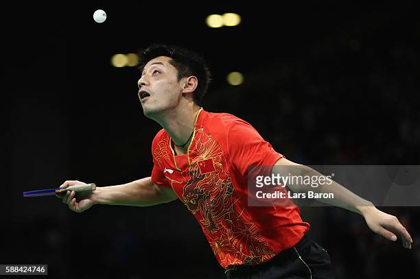 Zhang Jik of China competes during the Mens Table Tennis Singles Semifinal match between Vladimir Samsonov of Belarus and Zhang Jik of China at Rio...