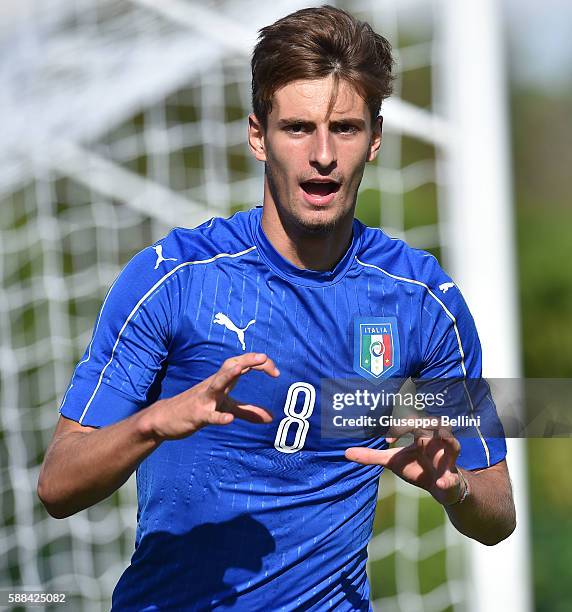 Matteo Gabbia of Italy U18 celebrates after scoring the goal 1-1 during the international friendly match between Italy U18 and Slovenia U18 on August...