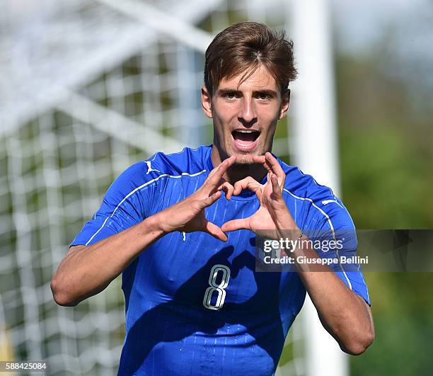 Matteo Gabbia of Italy U18 celebrates after scoring the goal 1-1 during the international friendly match between Italy U18 and Slovenia U18 on August...