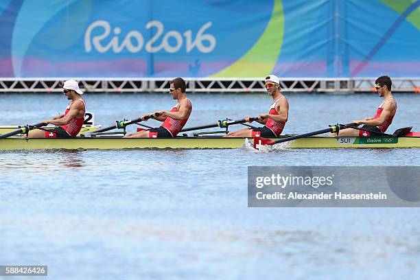 Mario Gyr, Simon Niepmann, Simon Schuerch, and Lucas Tramer of Switzerland compete in the Lightweight Men's Four Final A on Day 6 of the Rio 2016...