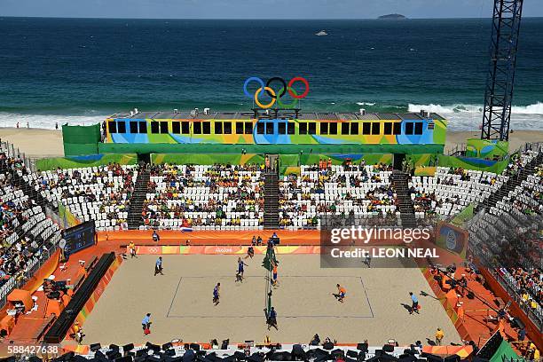 An overall view shows the Beach Volley Arena during the men's beach volleyball qualifying match between Reinder Nummerdor and Christiaan Varenhorst...